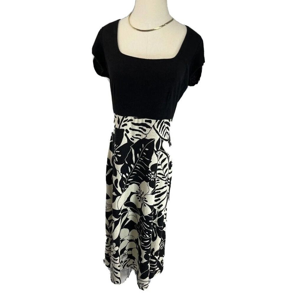 Tommy Bahama Womens Size Small Linen Blend Midi Dress Black Cream Tropical Print - Picture 1 of 12